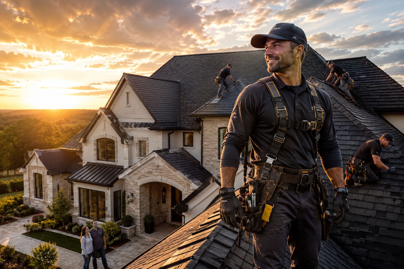 Roofing crew working on a home at sunset